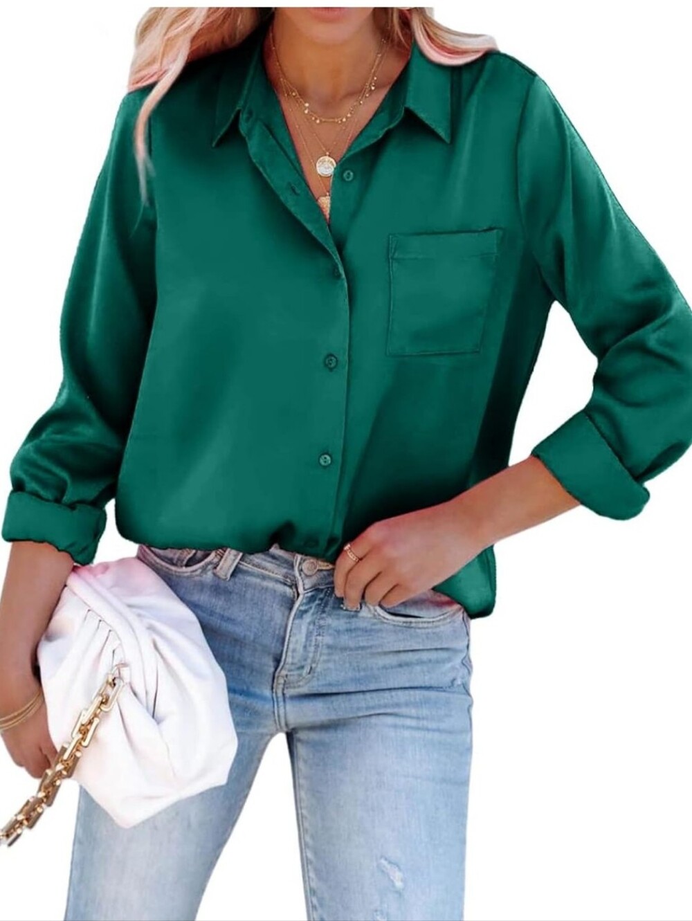 Pausus Button Down Shirts Satin V Neck Long Sleeve Casual Work Blouse Top